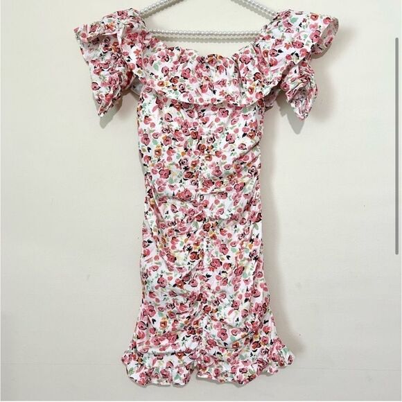 Zara Pink Floral White Ruffled & Ruched Mini Dress SIZE SMALL - Picture 3 of 5